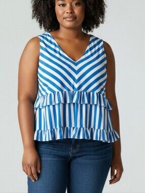 New Cato Blue and White Striped Ruffle Tank Top Size 18/20 2X